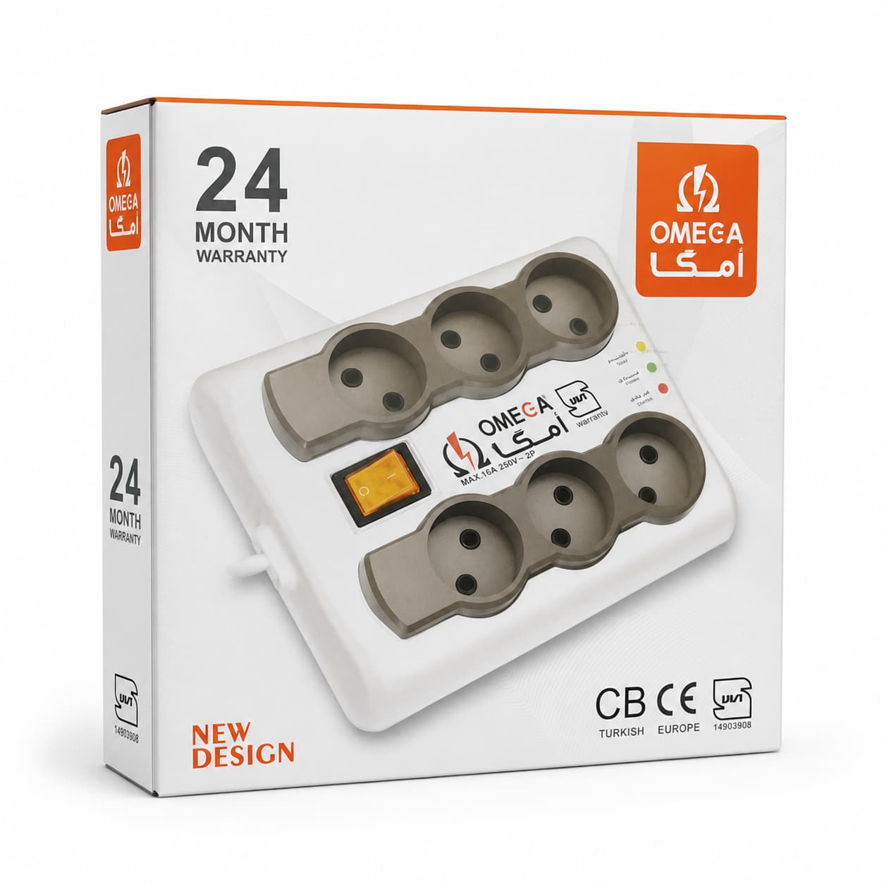 تصویر بسته بندی محافظ برق امگا ۶ خانه مدل p-6000 با کابل ۳ متری